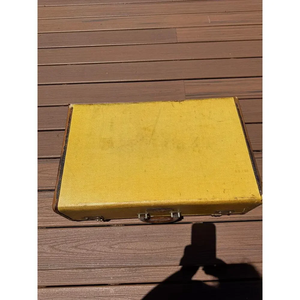 Vintage Mustard Yellow Tweed Train Suitcase 24” Leather Trim Overnight Luggage